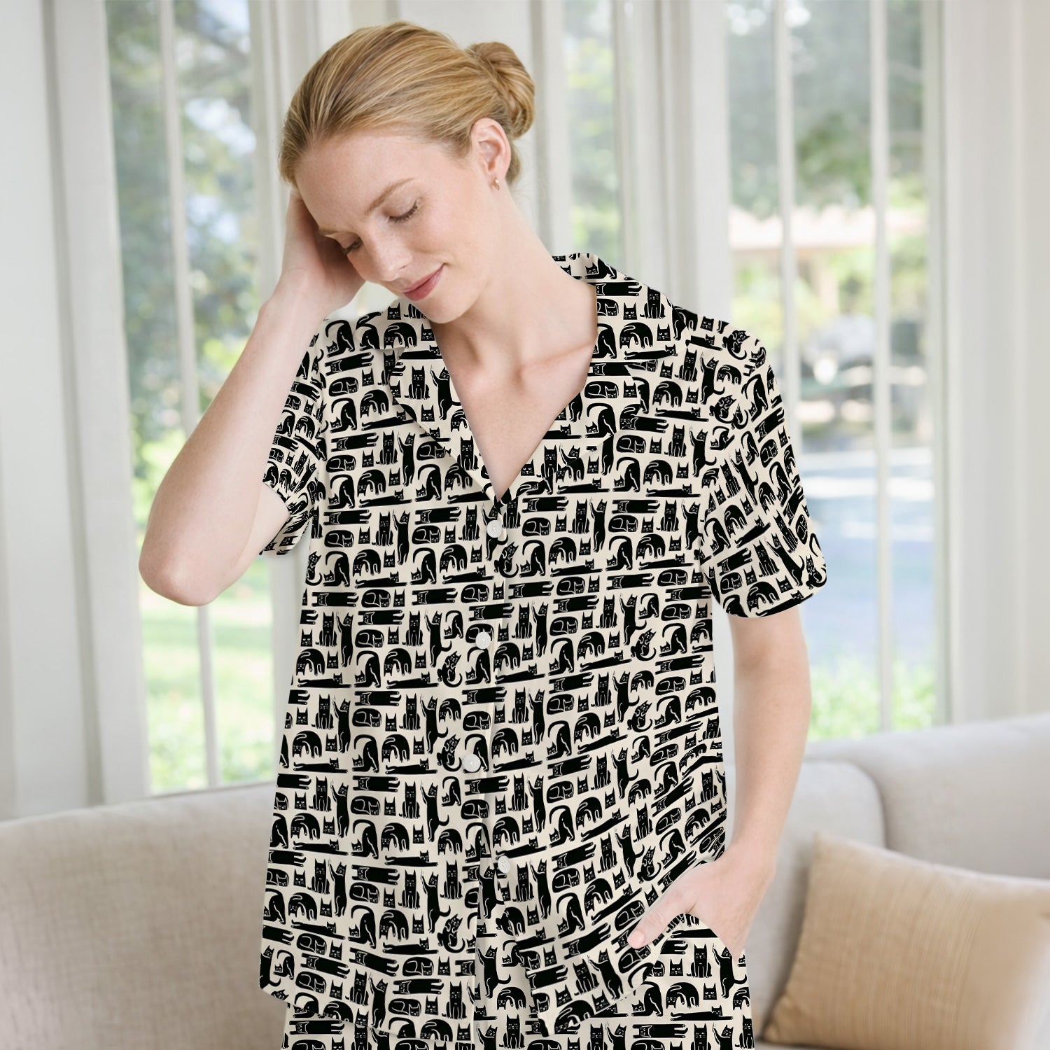 Cute Funny Cat Poses Print Pajama Set, Breathable Fabrics Uniform