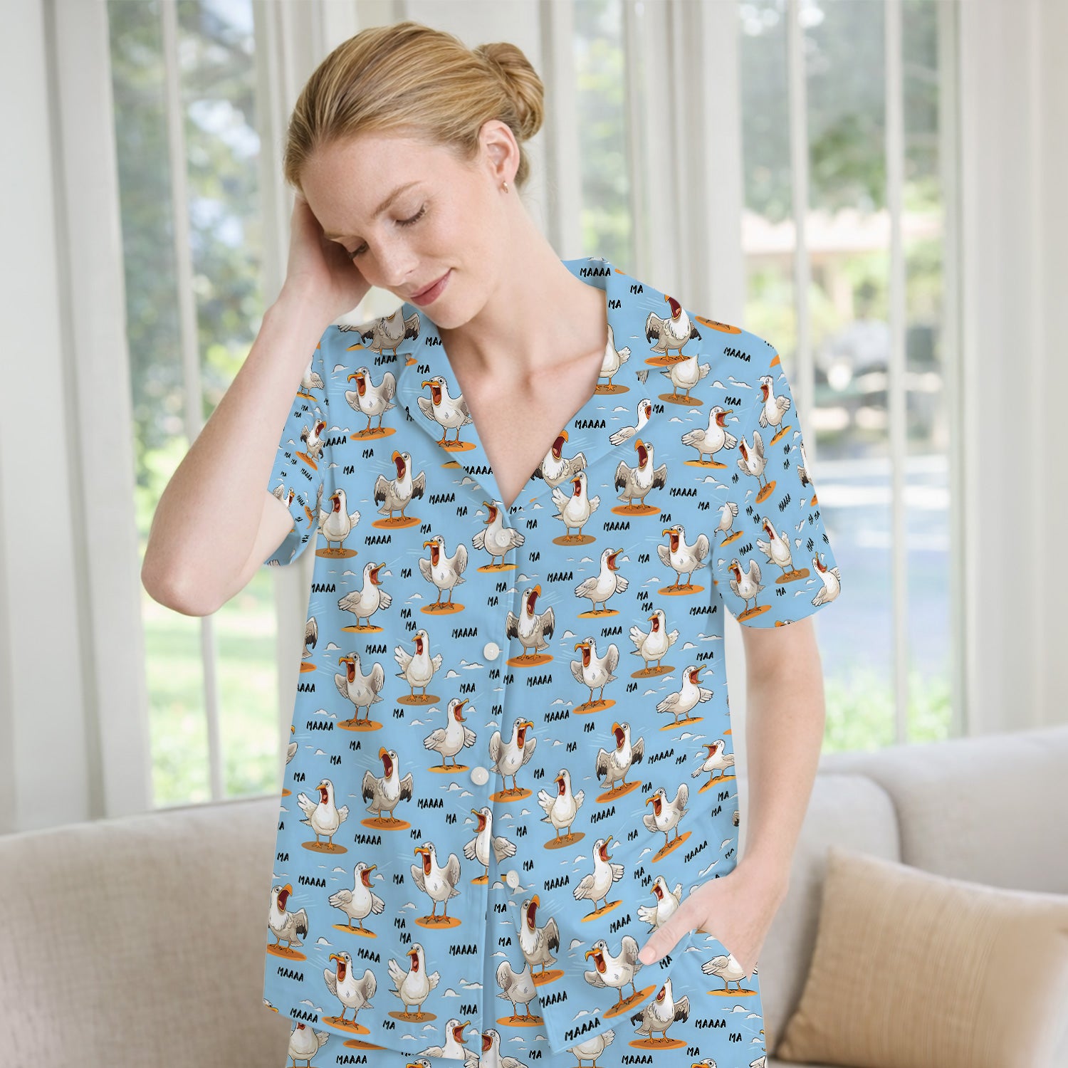 Funny Screaming Seagull Sky Pattern Pajama Set, Soft Breathable Fabric Comfortable Sleepwear