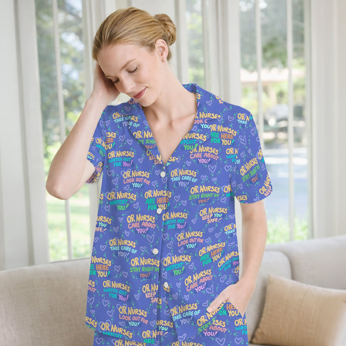 Inspirational Nurse Quote Care Message Pattern Pajama Set, Breathable Fabrics Uniform