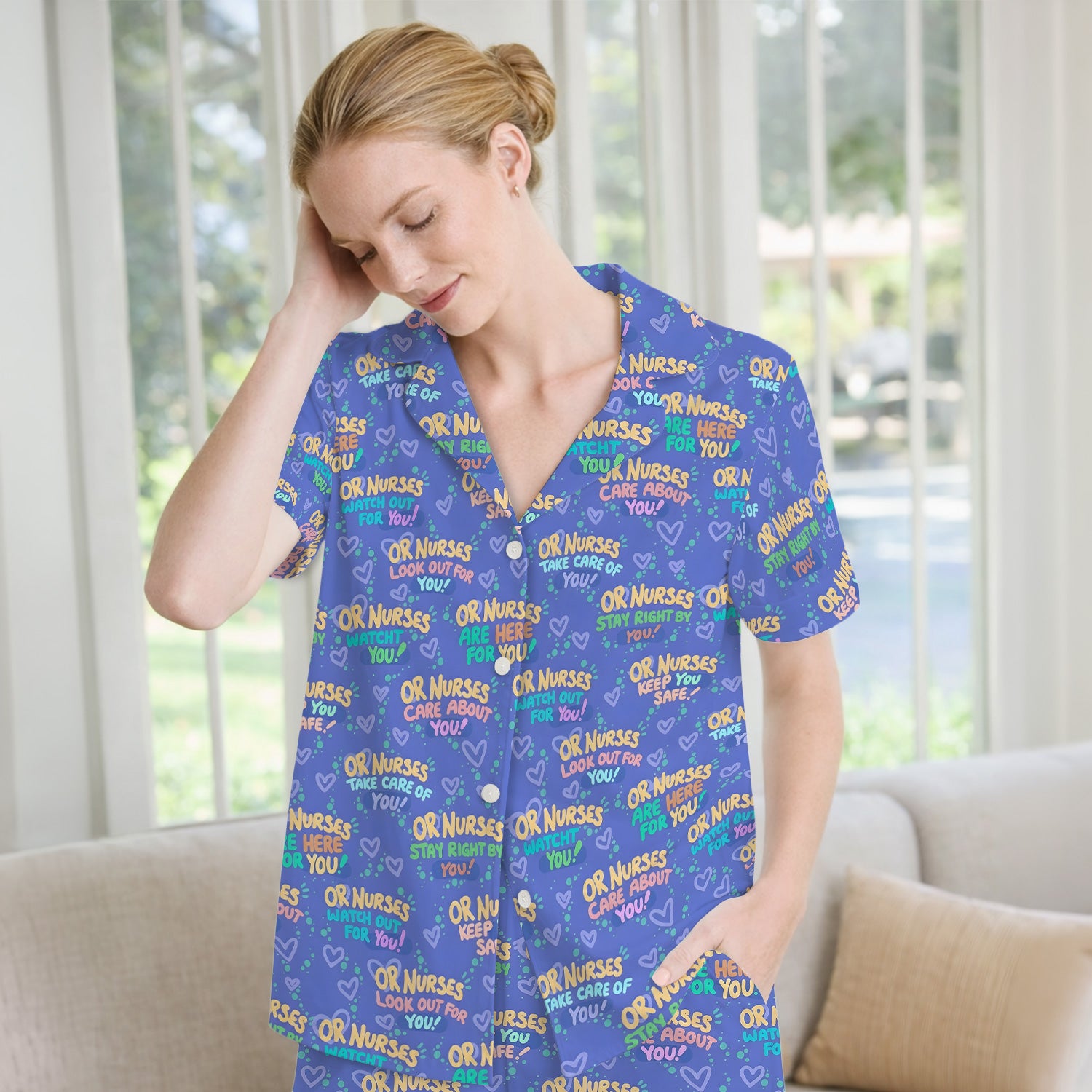 Inspirational Nurse Quote Care Message Pattern Pajama Set, Breathable Fabrics Uniform