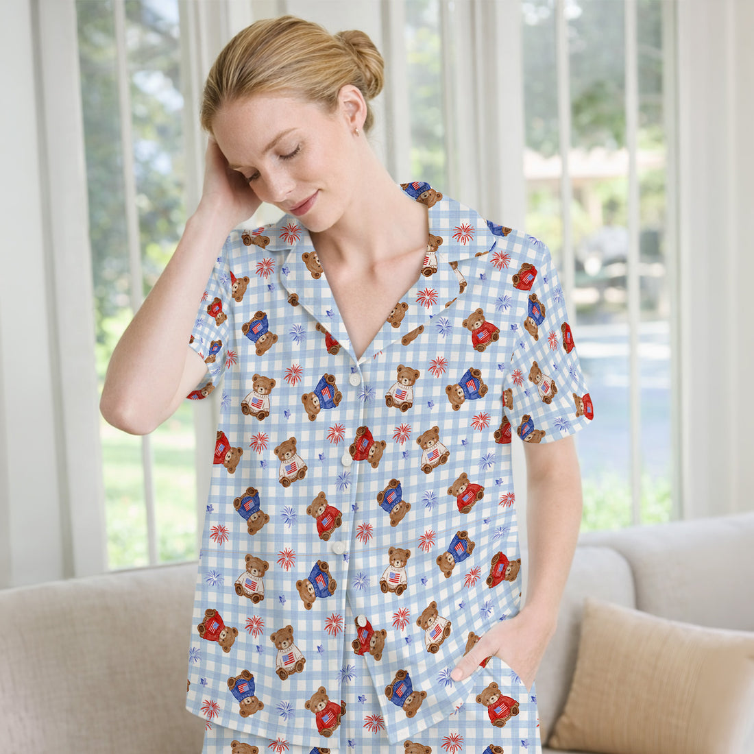 Cute Patriotic Teddy Bear Firework Gingham Pattern Pajama Set, Soft Breathable Fabric Comfortable Sleepwear