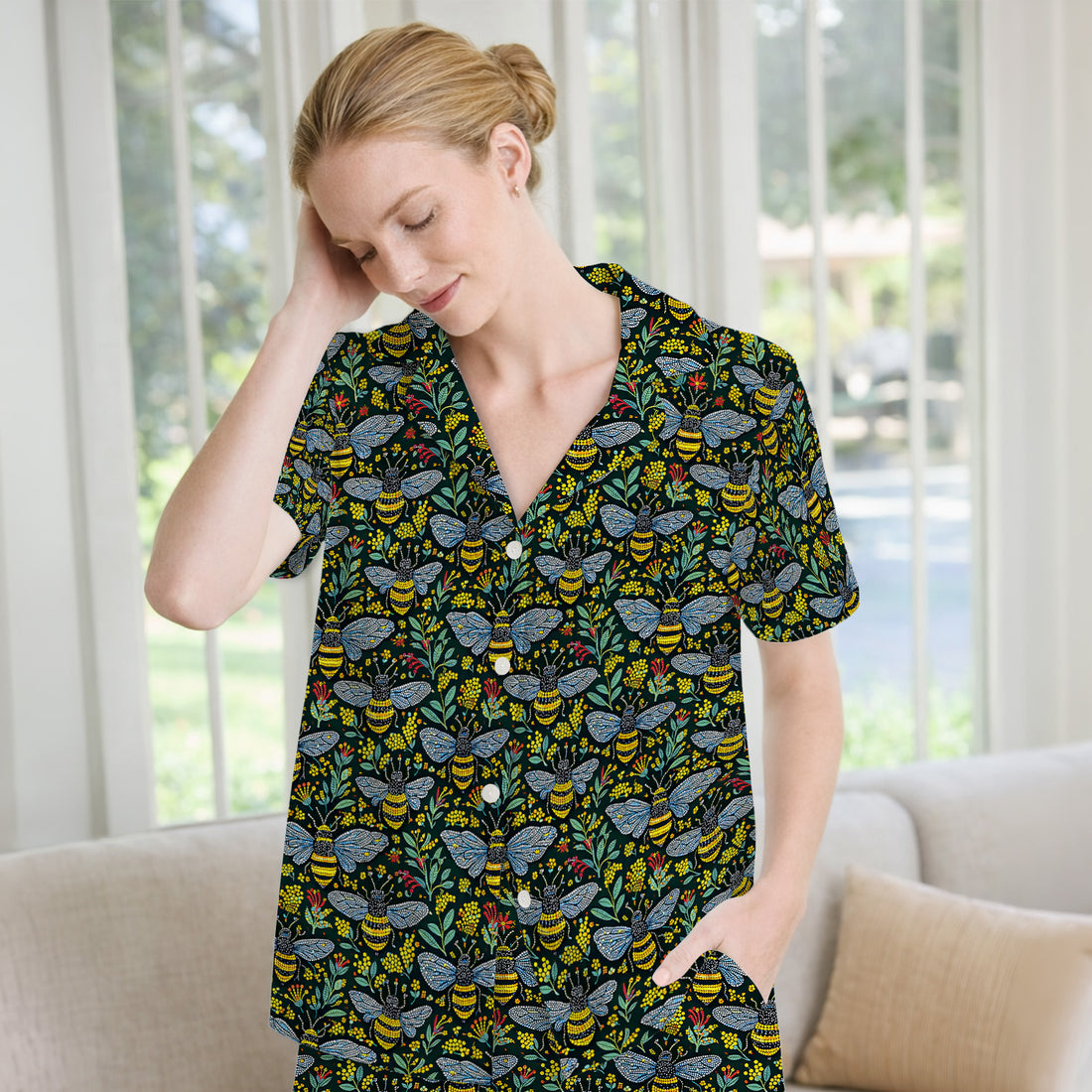 Honey Bee And Wildflower Garden Pattern Pajama Set, Breathable Fabrics Uniform