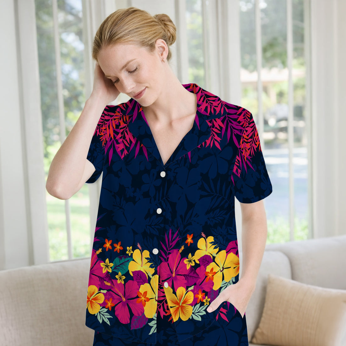 Tropical Hibiscus Palm Leaf Pattern Pajama Set, Soft Breathable Fabric Comfortable Sleepwear