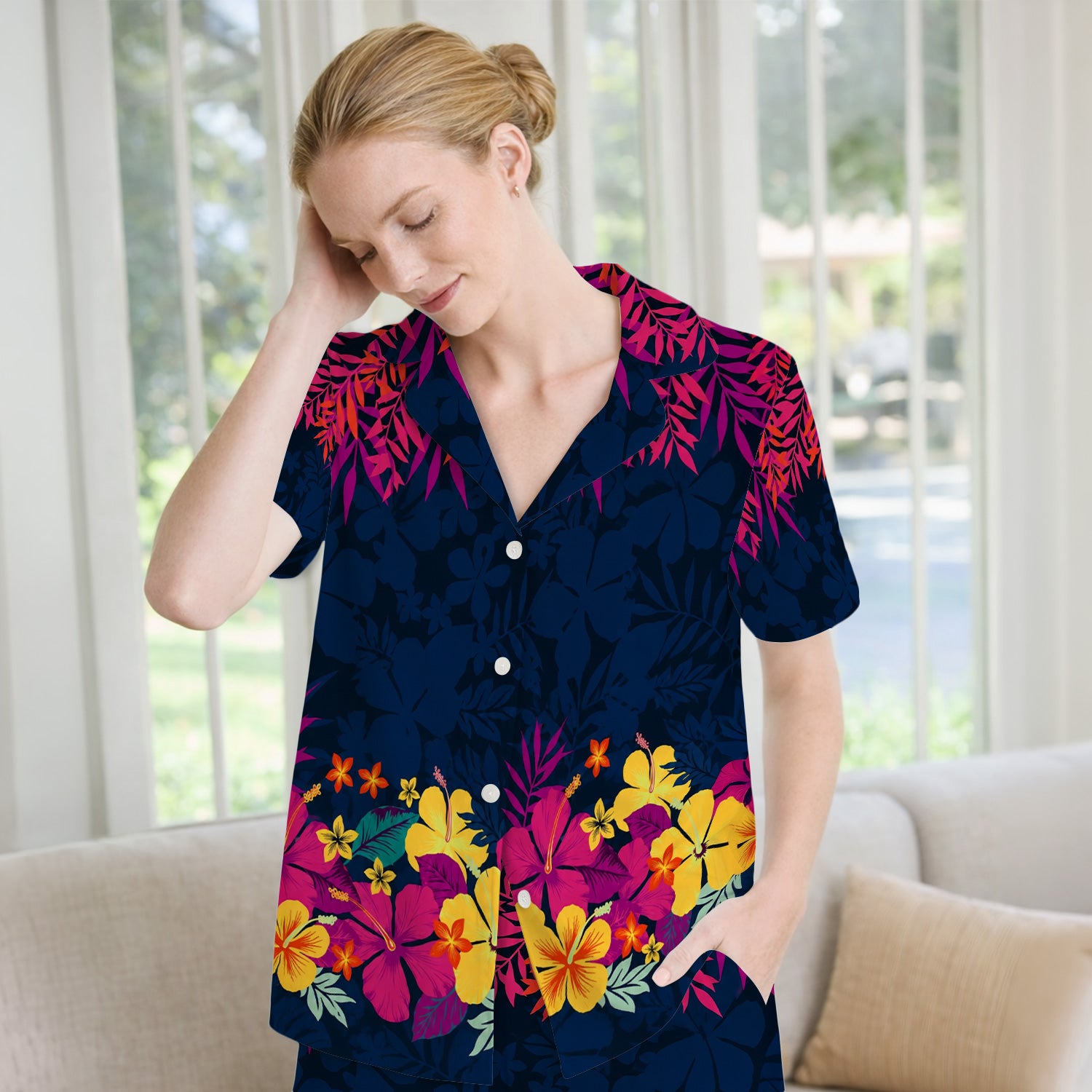 Tropical Hibiscus Palm Leaf Pattern Pajama Set, Soft Breathable Fabric Comfortable Sleepwear