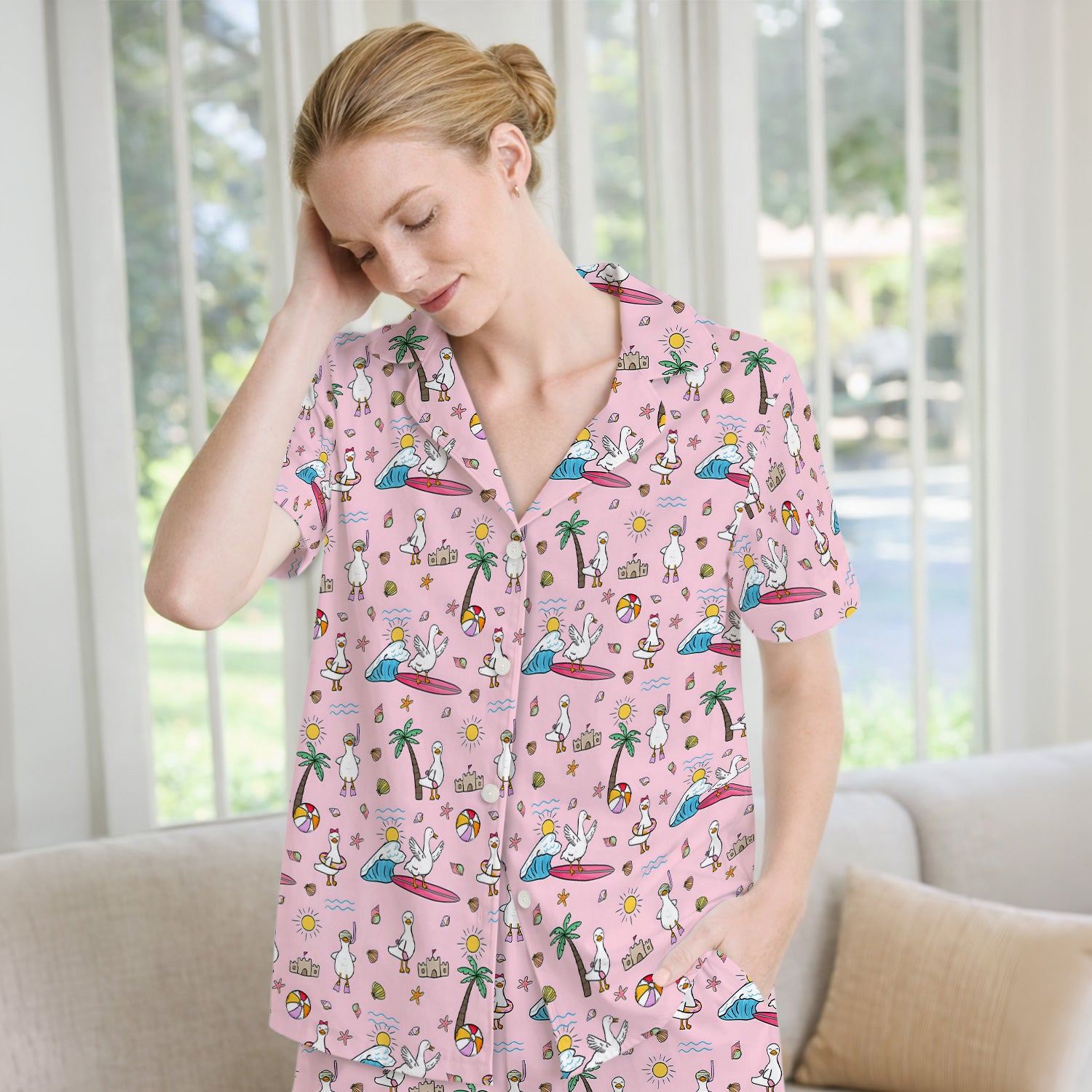 Cute Nurse Seagull Surfboard Beach Palm Tree Pattern Pajama Set, Soft Breathable Fabric Comfortable Sleepwear