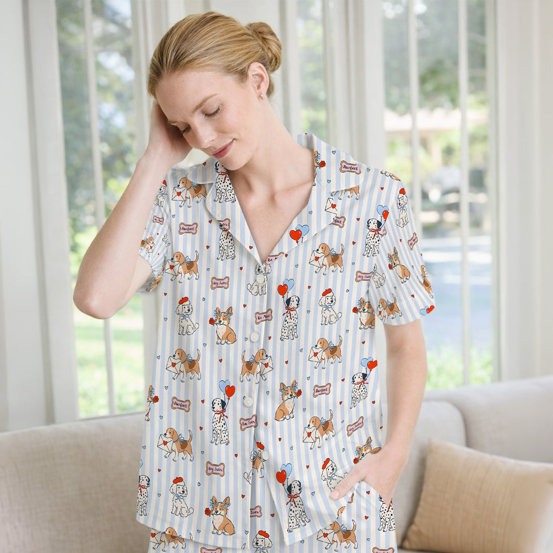 Valentine Puppy Heart Pattern Pajama Set, Soft Breathable Fabric Comfortable Sleepwear