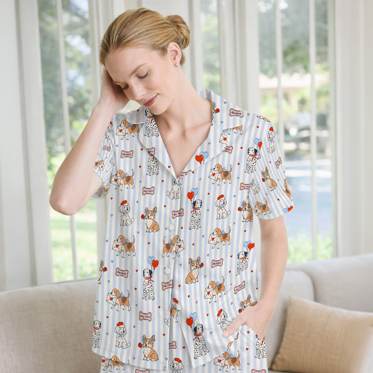 Valentine Puppy Heart Pattern Pajama Set, Soft Breathable Fabric Comfortable Sleepwear