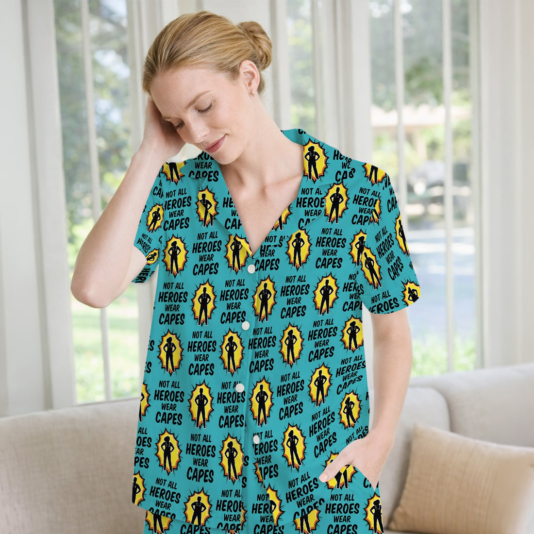 Not All Heroes Wear Capes Nurse Pattern Pajama Set, Breathable Fabrics Uniform