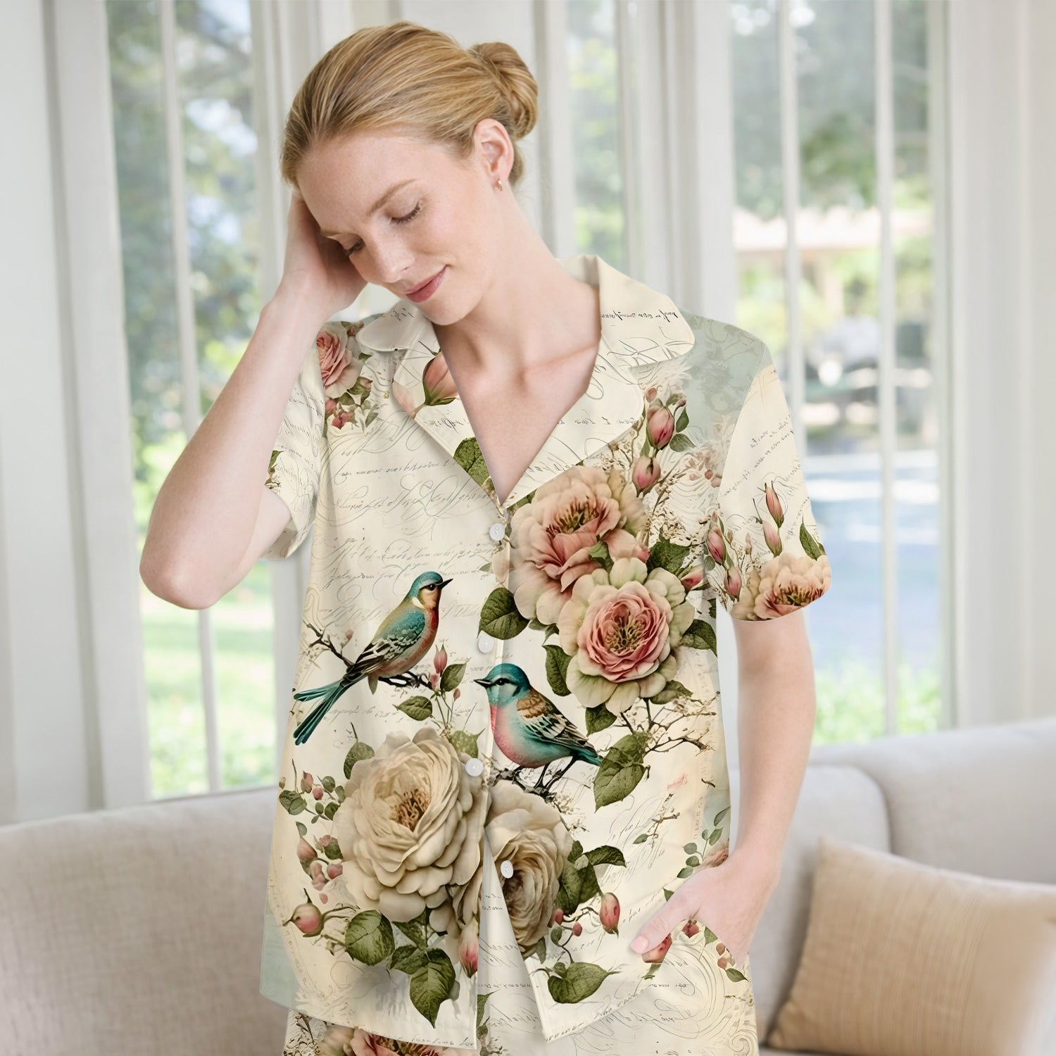 Vintage Birds Rose Pattern Pajama Set, Soft Breathable Fabric Comfortable Sleepwear