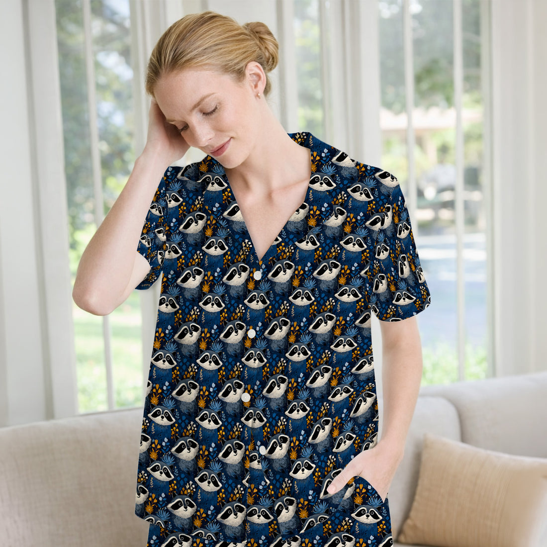 Raccoon With Blue Floral Forest Pattern Pajama Set, Breathable Fabrics Uniform