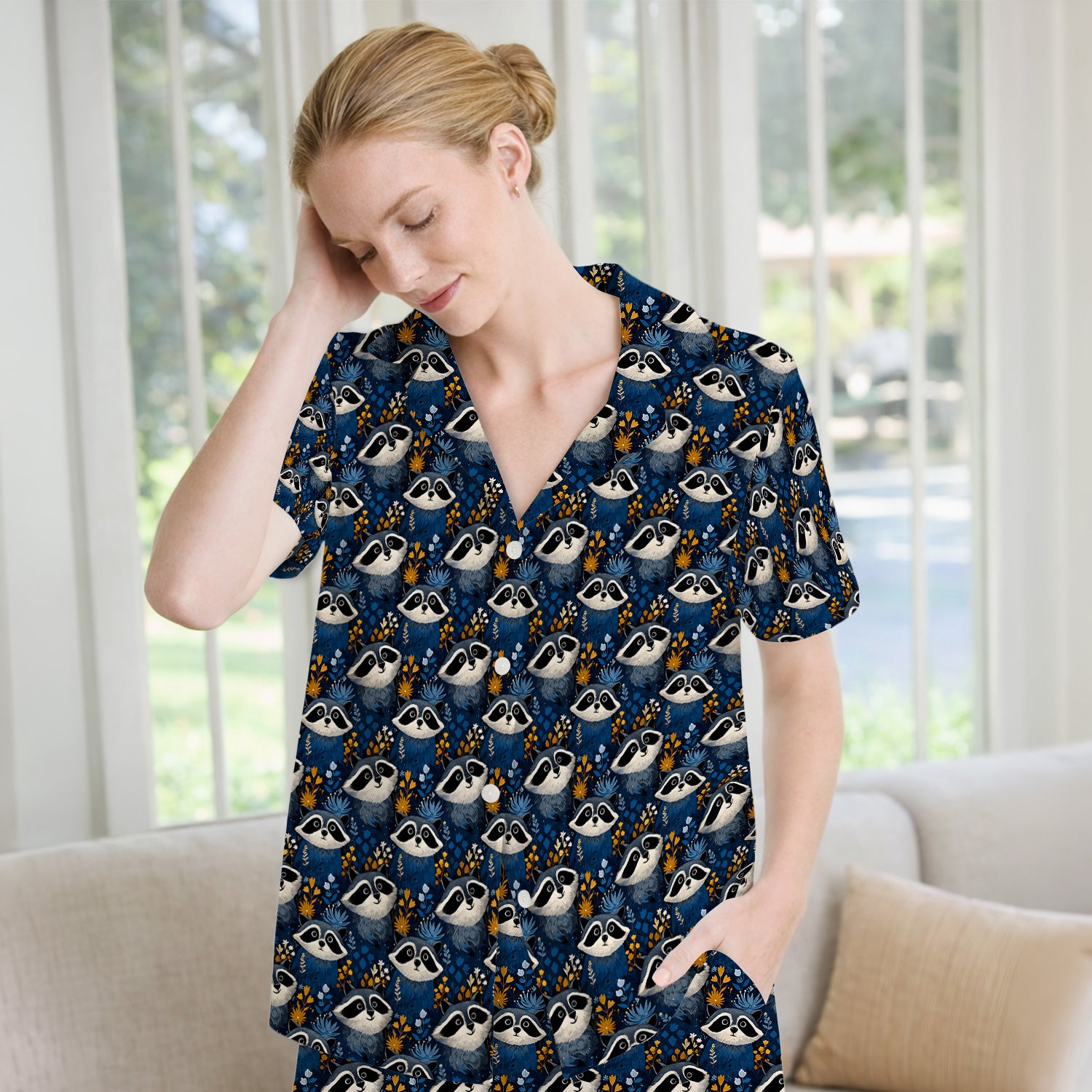 Raccoon With Blue Floral Forest Pattern Pajama Set, Breathable Fabrics Uniform