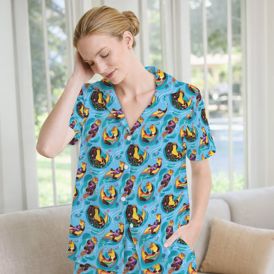 Otter Floating River Rainbow Pattern Pajama Set, Soft Breathable Fabric Comfortable Sleepwear