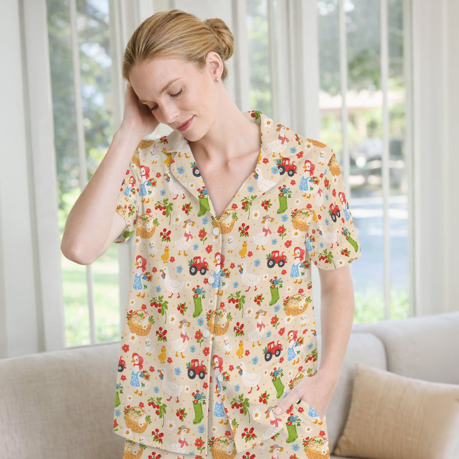 Farm Duck Chicken Tractor Flower Basket Pajama Set, Breathable Fabrics Uniform