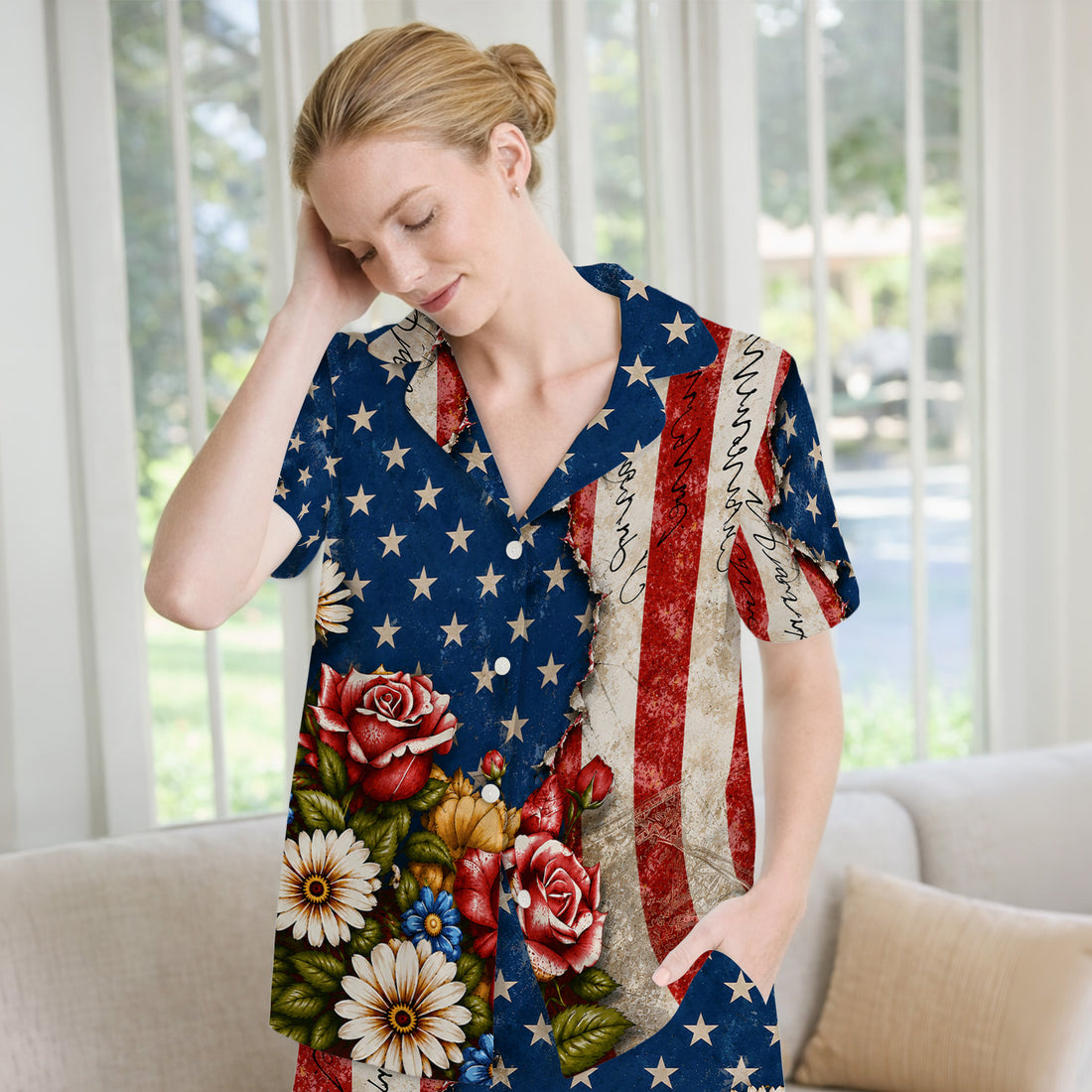 American Flag Vintage Rose Floral Pattern Pajama Set, Soft Breathable Fabric Comfortable Sleepwear