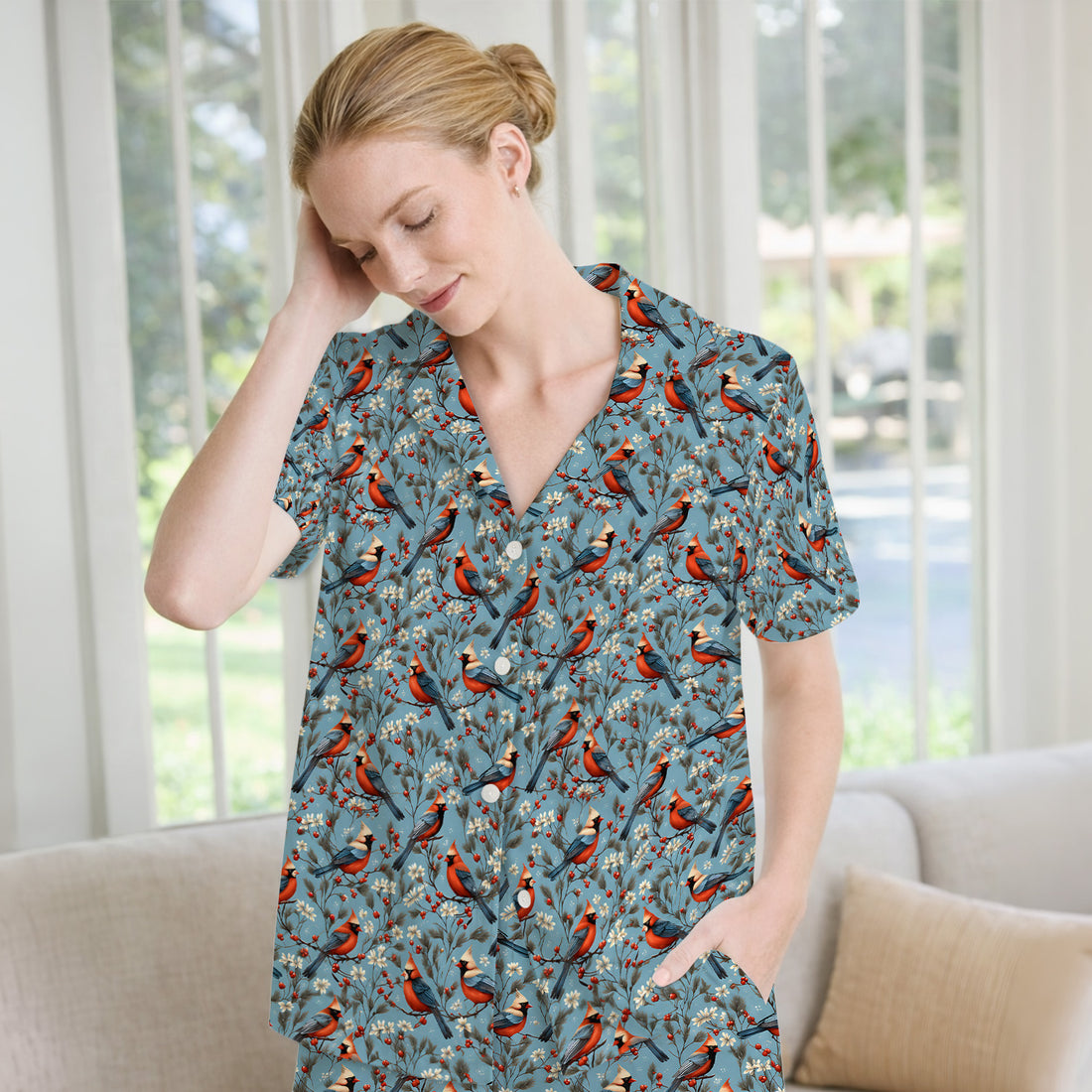 Cute Cardinal Berry Blossom Pattern Pajama Set, Soft Breathable Fabric Comfortable Sleepwear