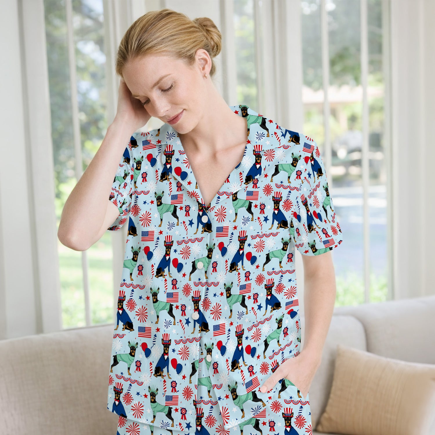 Patriotic Doberman Liberty Fireworks Pattern Pajama Set, Soft Breathable Fabric Comfortable Sleepwear