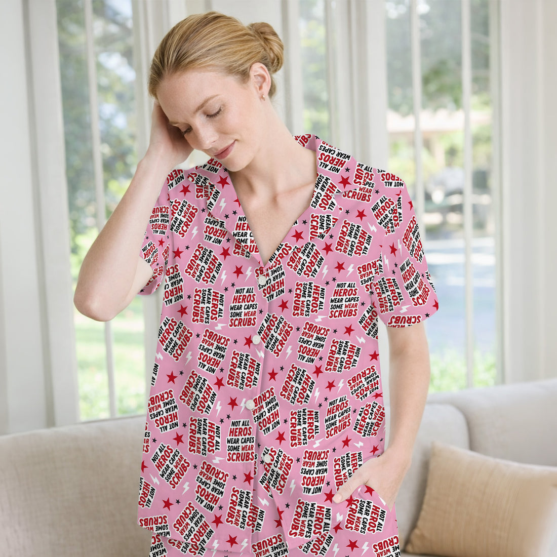 Not All Heroes Wear Scrubs Quote Stars Lightning Pattern Pajama Set, Breathable Fabrics Uniform