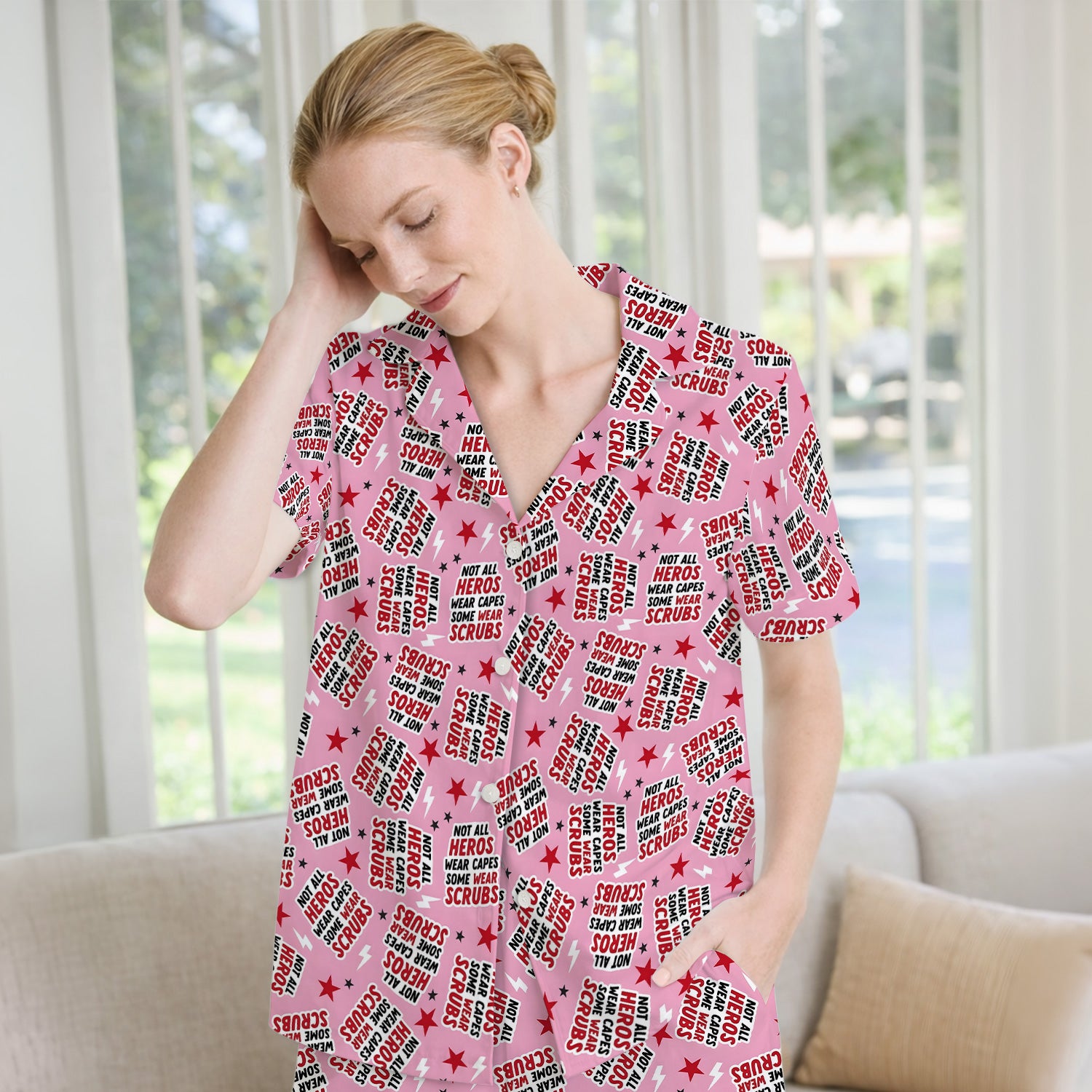 Not All Heroes Wear Scrubs Quote Stars Lightning Pattern Pajama Set, Breathable Fabrics Uniform