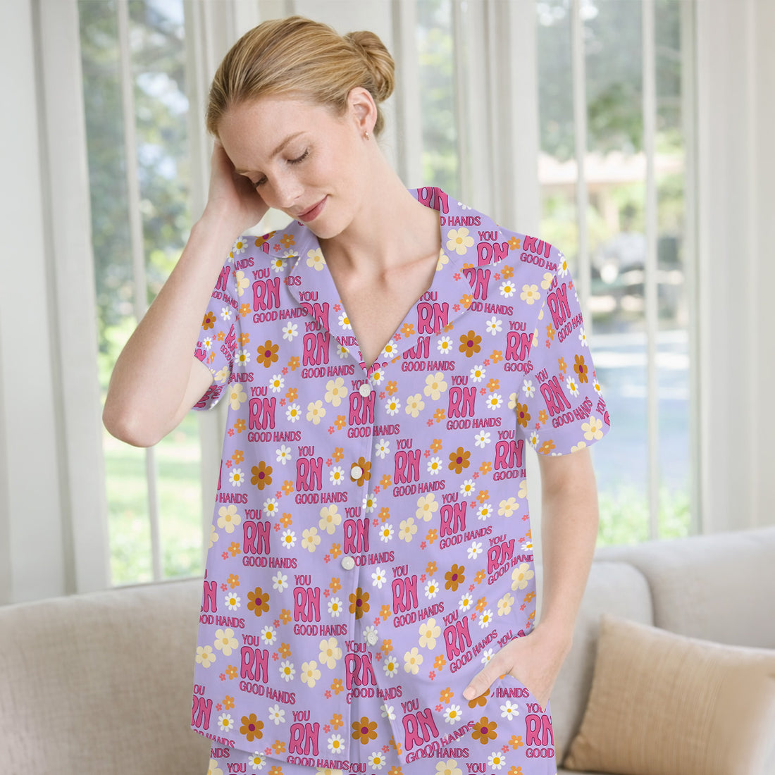 You RN Good Hands Floral Daisy Pattern Pajama Set, Breathable Fabrics Uniform