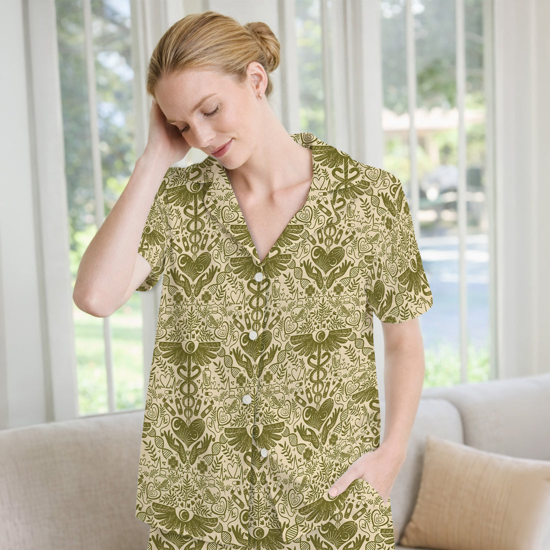Inspirational Botanical Medical Caduceus Heart Nurse Pattern Pajama Set, Breathable Fabrics Uniform