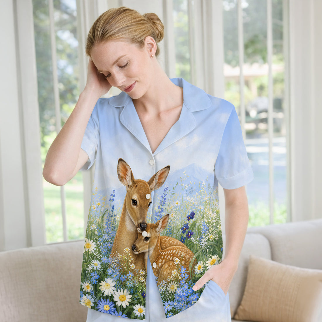 Cute Deer Mother Baby With Meadow Pattern Pajama Set, Soft Breathable Fabric Comfortable Sleepwear
