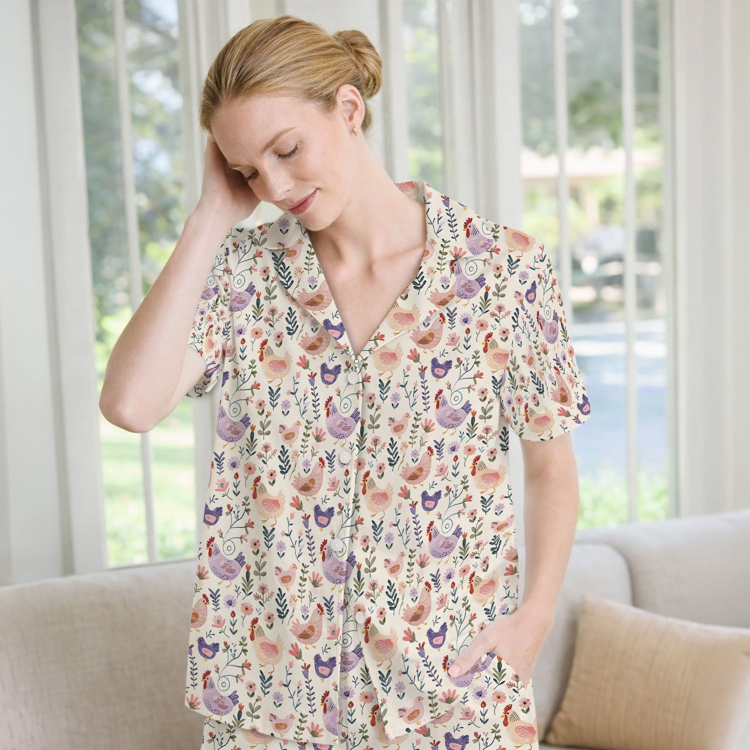 Cute Farm Chicken Floral Garden Pattern Pajama Set, Soft Breathable Fabric Comfortable Sleepwear
