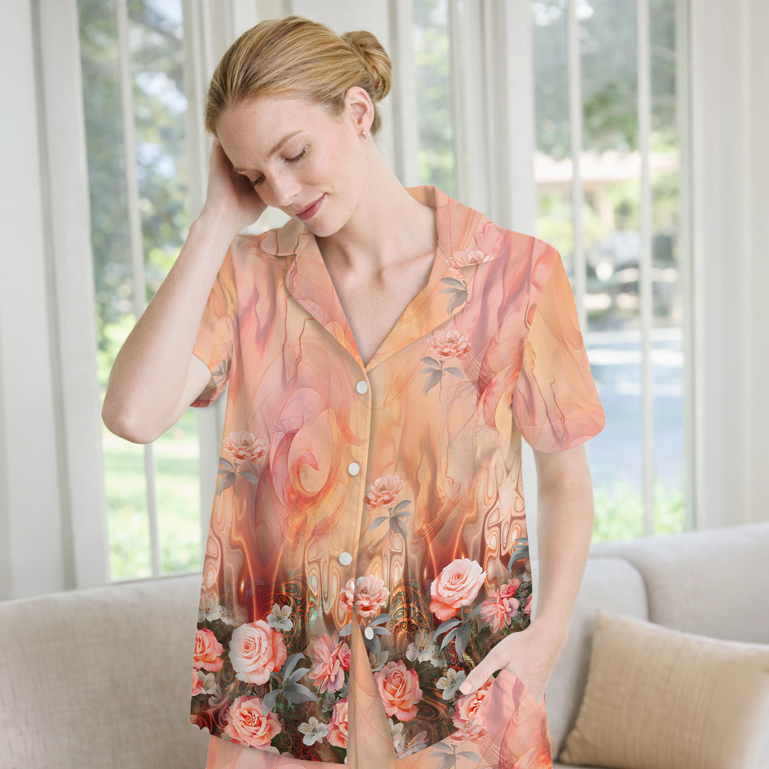 Elegant Peach Marble Rose Pattern Pajama Set, Soft Breathable Fabric Comfortable Sleepwear