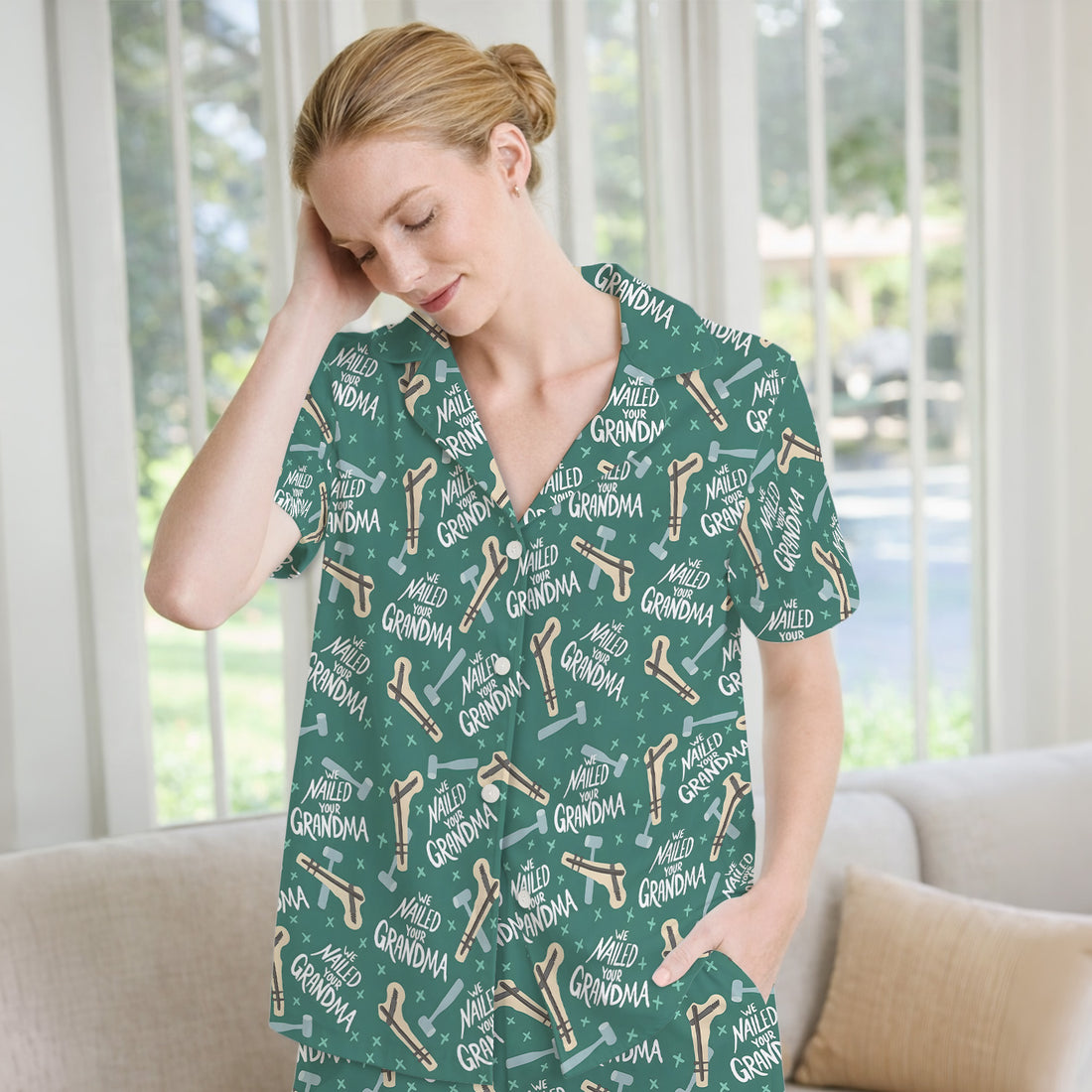 Funny Orthopedic Bone Hammer We Nailed Your Grandma Pattern Pajama Set, Breathable Fabrics Uniform