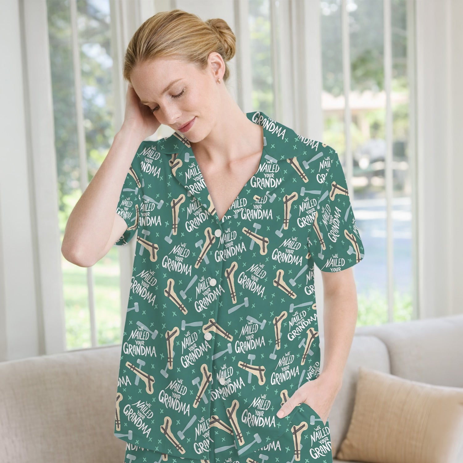 Funny Orthopedic Bone Hammer We Nailed Your Grandma Pattern Pajama Set, Breathable Fabrics Uniform