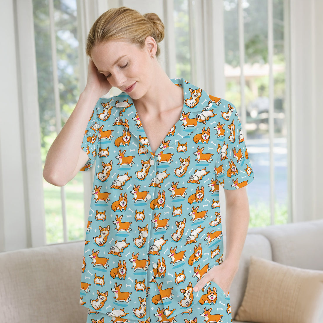 Corgi Dog Playing Rolling Bone Pattern Pajama Set, Breathable Fabrics Uniform