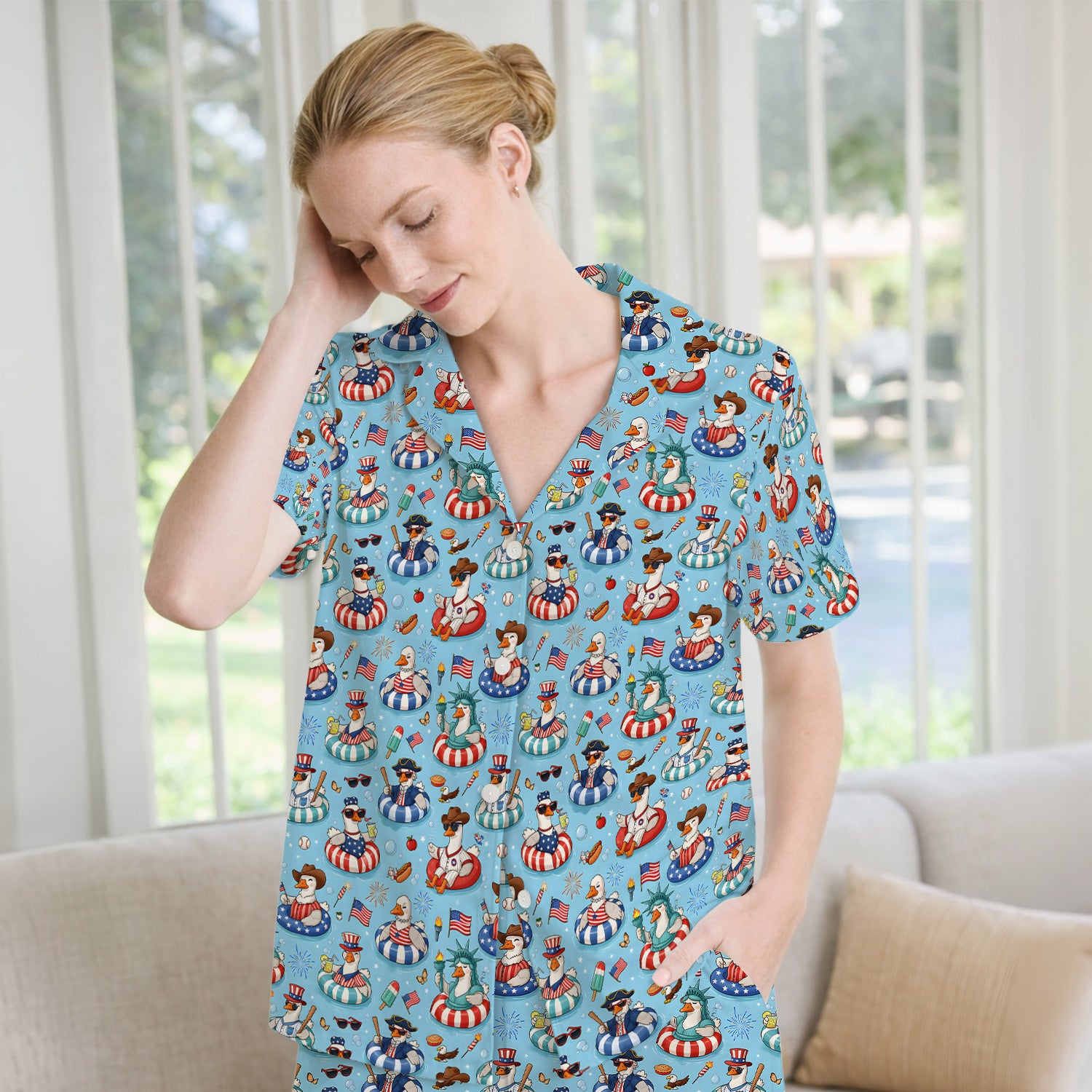 Funny Patriotic Duck Pool Party Pattern Pajama Set, Soft Breathable Fabric Comfortable Sleepwear