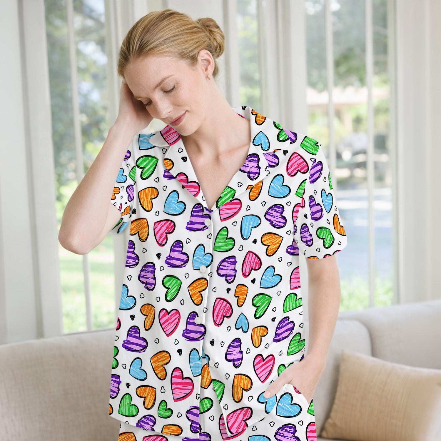 Colorful Doodle Heart Pattern Pajama Set, Soft Breathable Fabric Comfortable Sleepwear