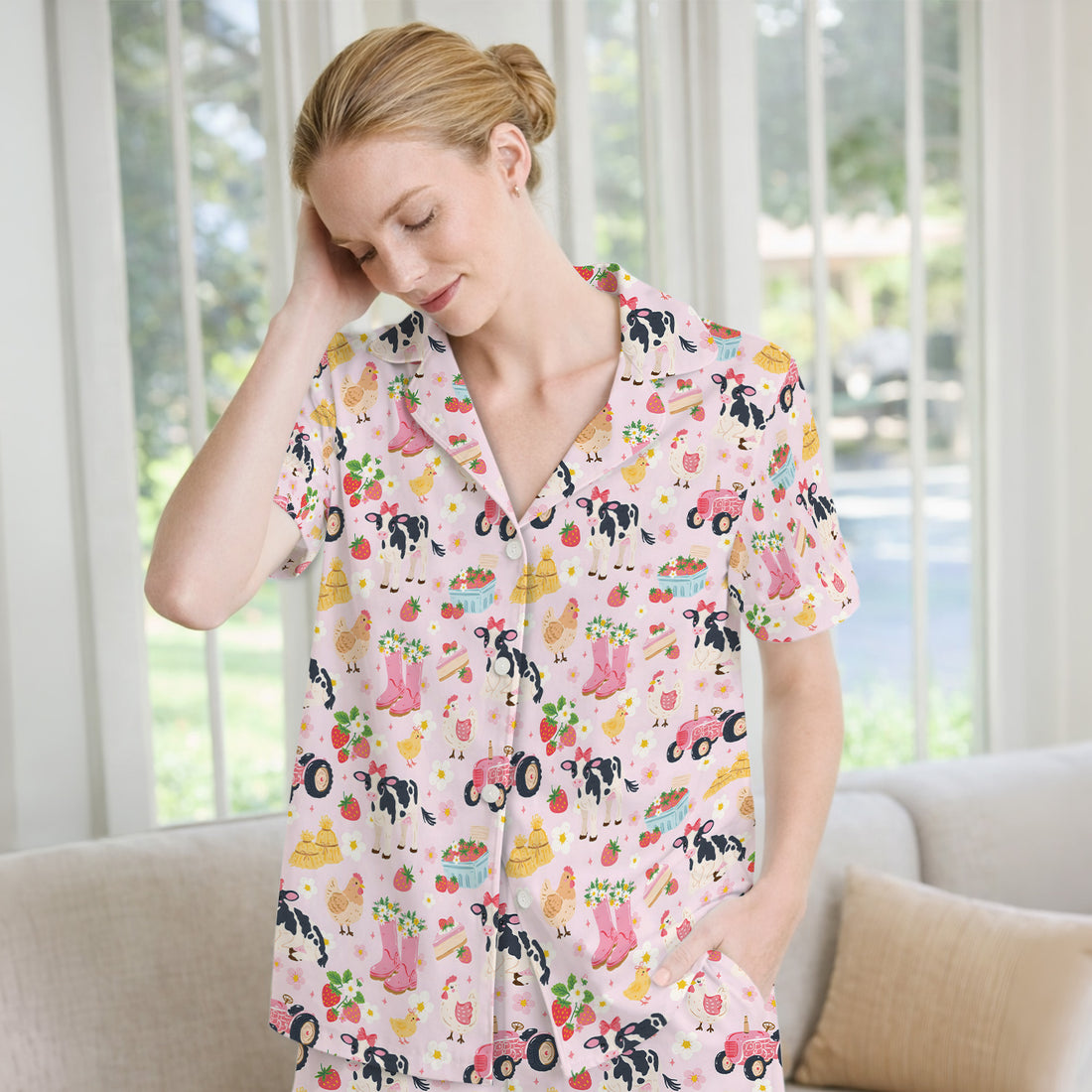 Cute Farm Animals & Strawberry Garden Pattern Pajama Set, Soft Breathable Fabric Comfortable Sleepwear
