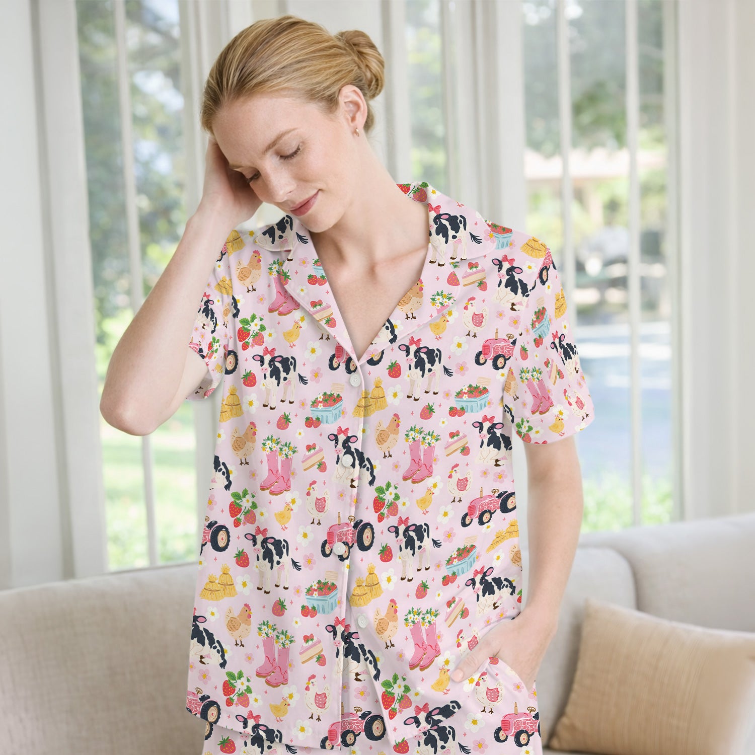 Cute Farm Animals & Strawberry Garden Pattern Pajama Set, Soft Breathable Fabric Comfortable Sleepwear