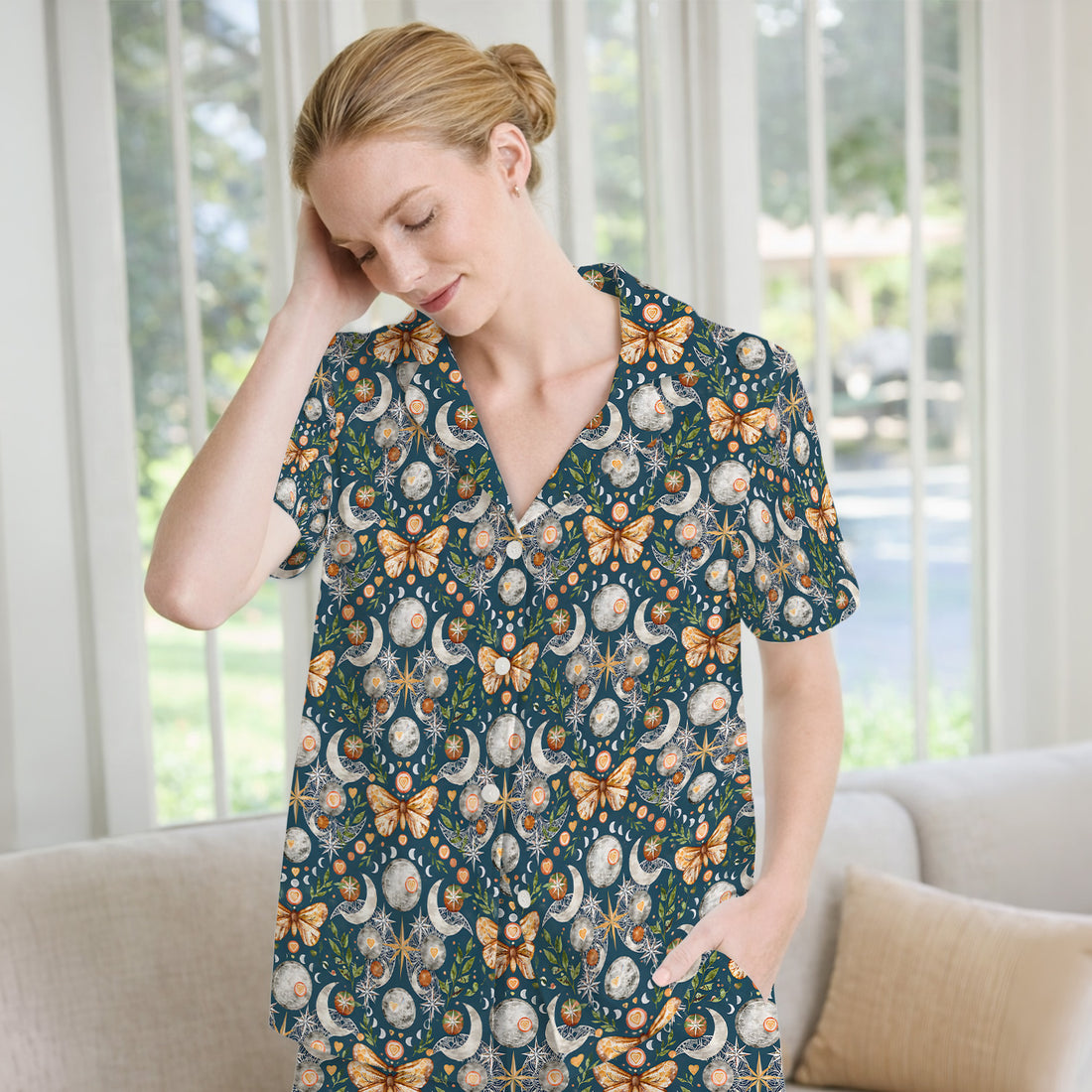 Celestial Butterfly Moonlight Pattern Pajama Set, Soft Breathable Fabric Comfortable Sleepwear