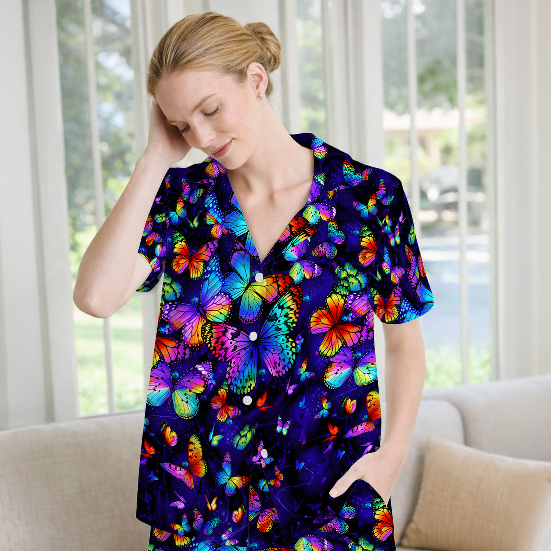 Vibrant Rainbow Butterfly Galaxy Pattern Pajama Set, Soft Breathable Fabric Comfortable Sleepwear