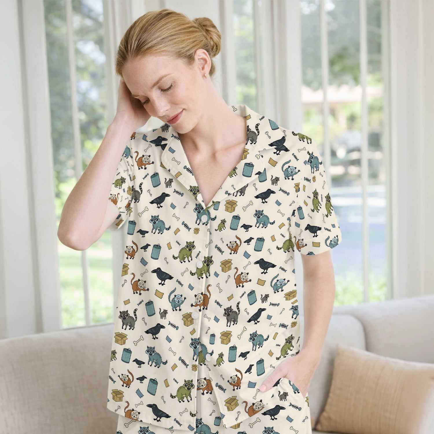 Funny Trash Raccoon Pattern Pajama Set, Soft Breathable Fabric Comfortable Sleepwear