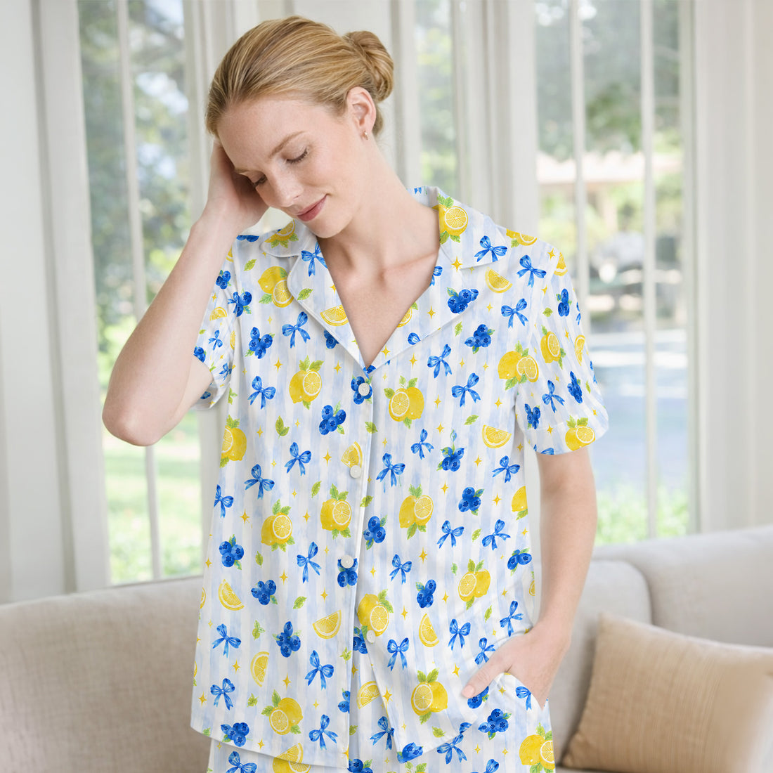 Lemon Blueberry Bow Nurse Print Pajama Set, Soft Breathable Fabric Comfortable Sleepwear