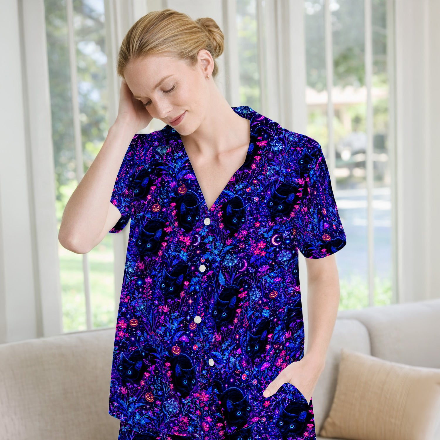 Spooky Black Cat Garden Pattern Pajama Set, Soft Breathable Fabric Comfortable Sleepwear