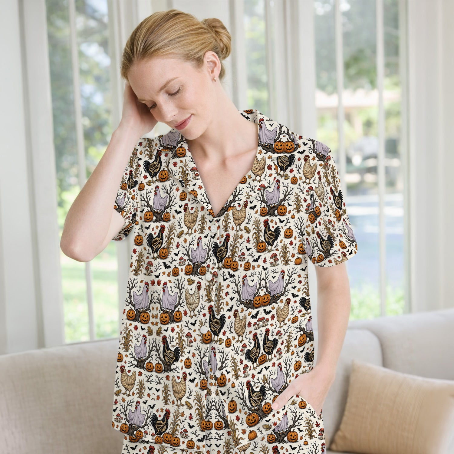 Halloween Skeleton Chickens Pattern Pajama Set, Soft Breathable Fabric Comfortable Sleepwear