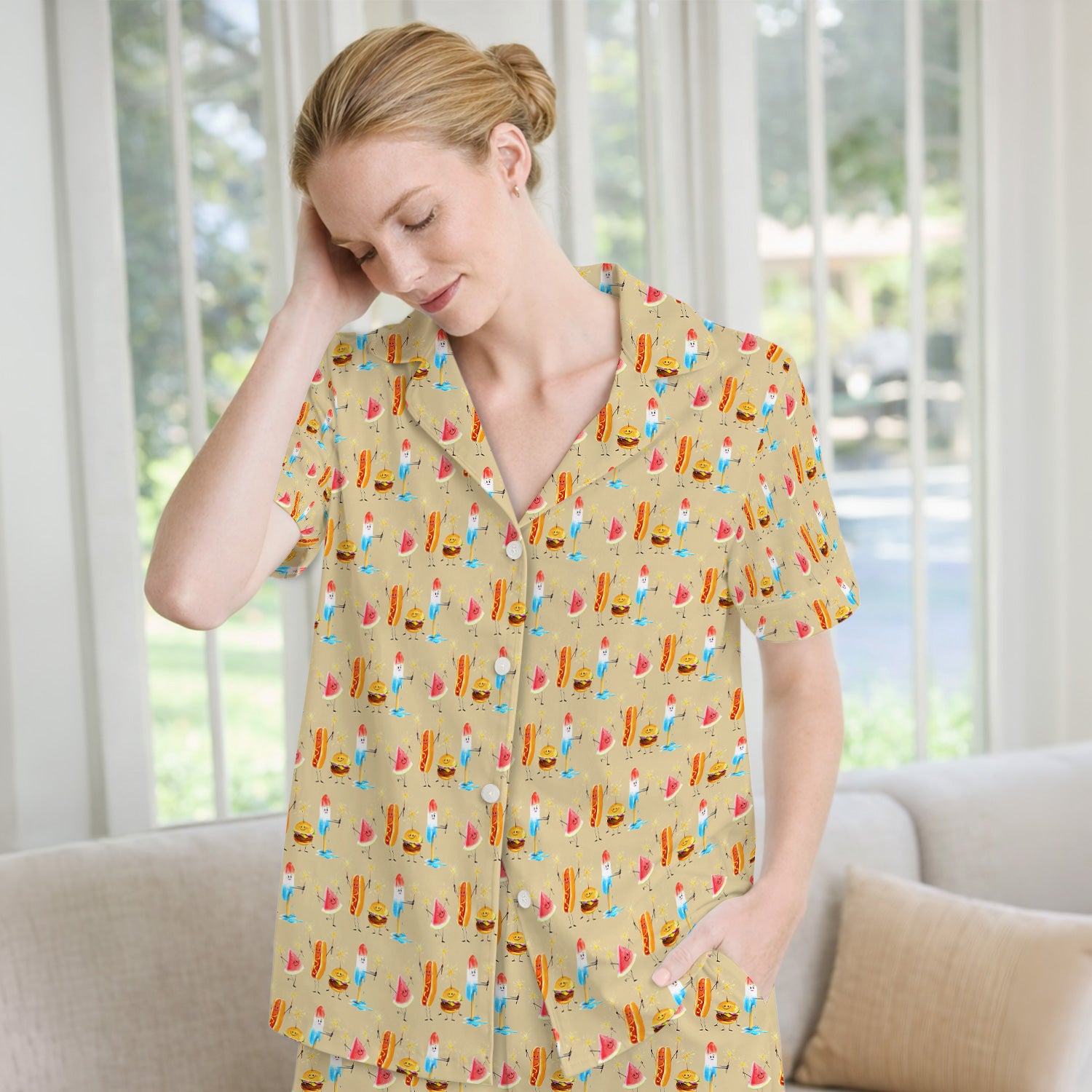 Funny Summer Food Icons Pattern Pajama Set, Soft Breathable Fabric Comfortable Sleepwear