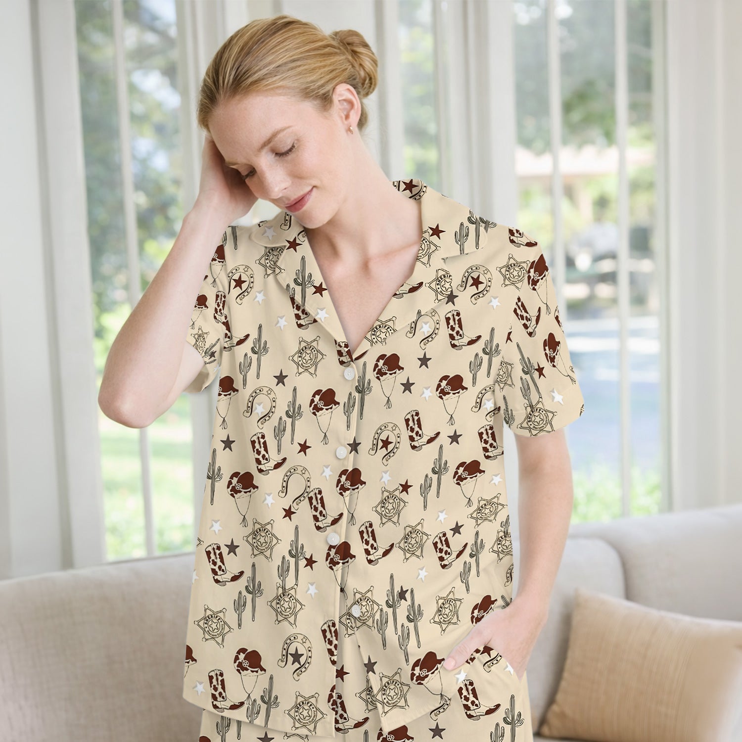 Funny Cowboy Hats & Boots Pattern Pajama Set, Soft Breathable Fabric Comfortable Sleepwear