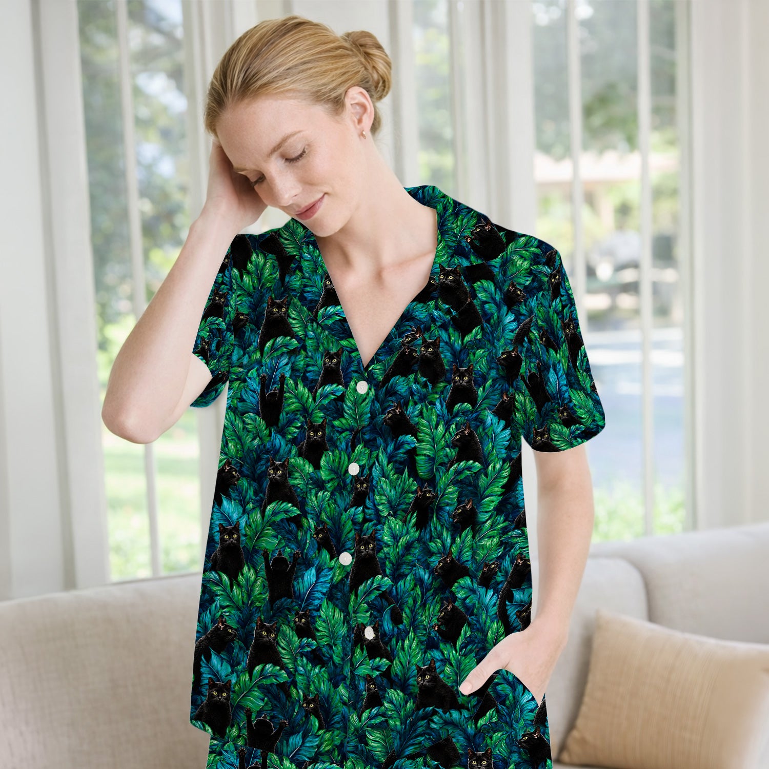 Black Cat Tropical Jungle Leaves Pattern Pajama Set, Soft Breathable Fabric Comfortable Sleepwear