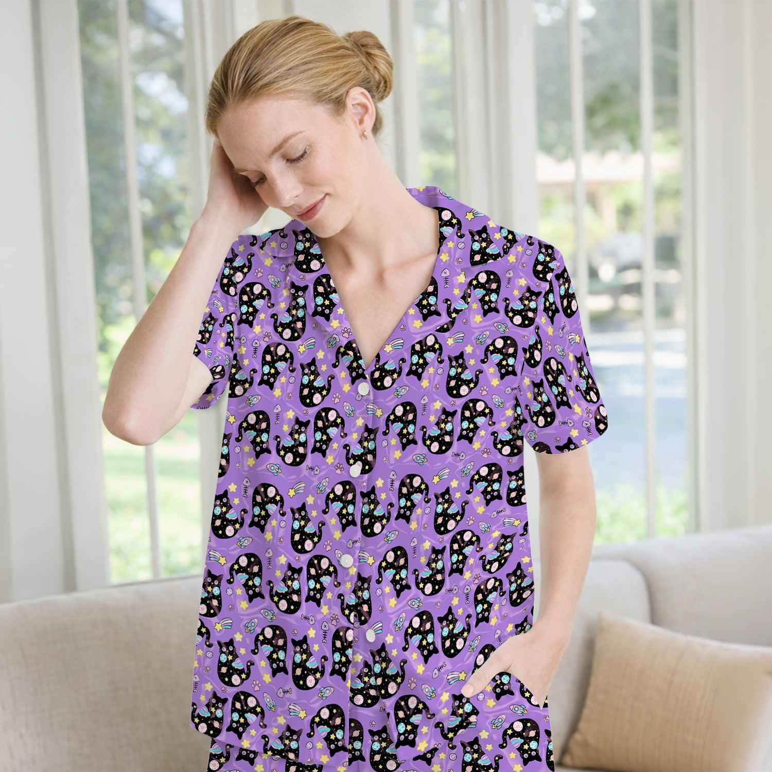 Galaxy Black Cat Space Pattern Pajama Set, Breathable Fabrics Uniform