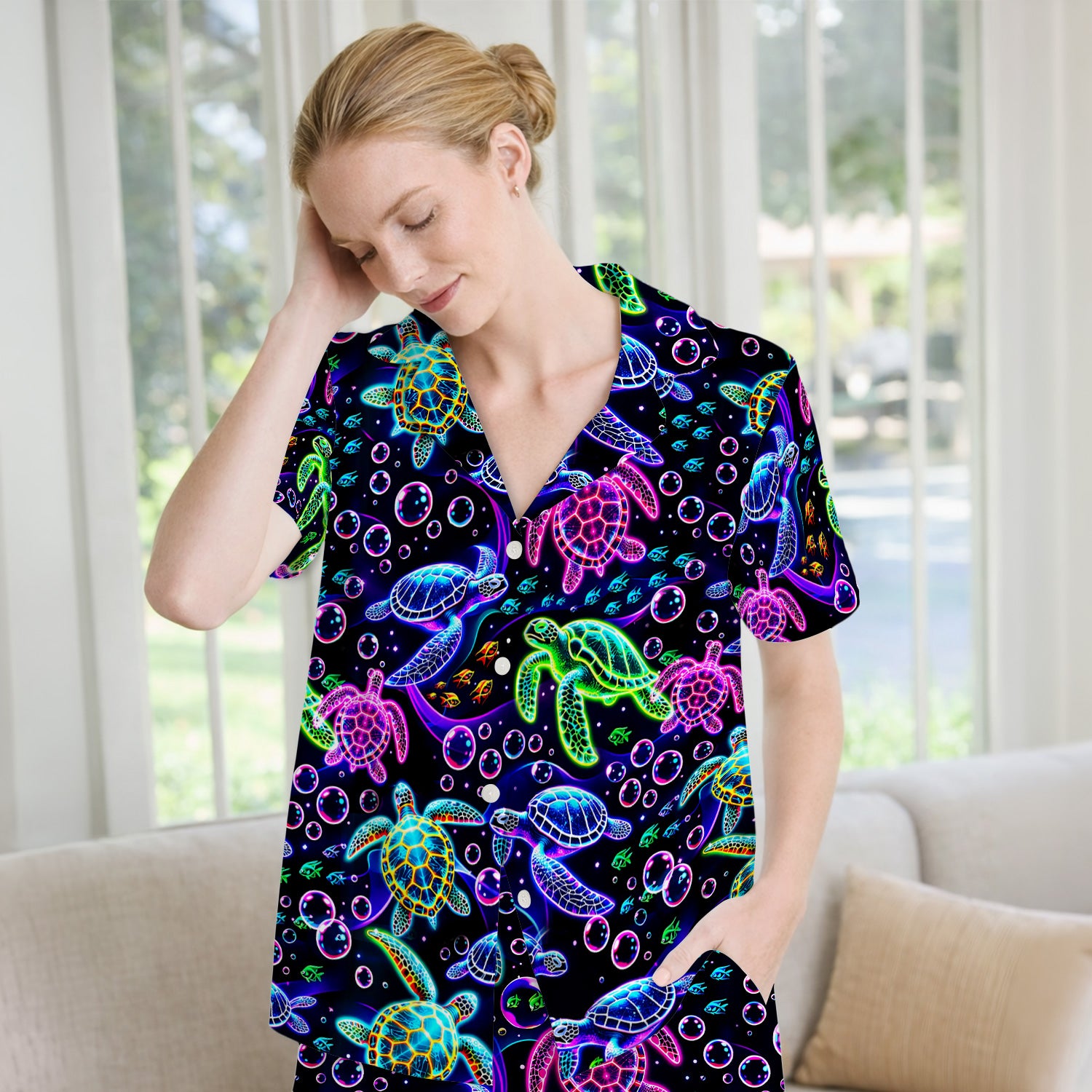 Neon Sea Turtle Swimming Bubble Ocean Pajama Set, Breathable Fabrics Uniform