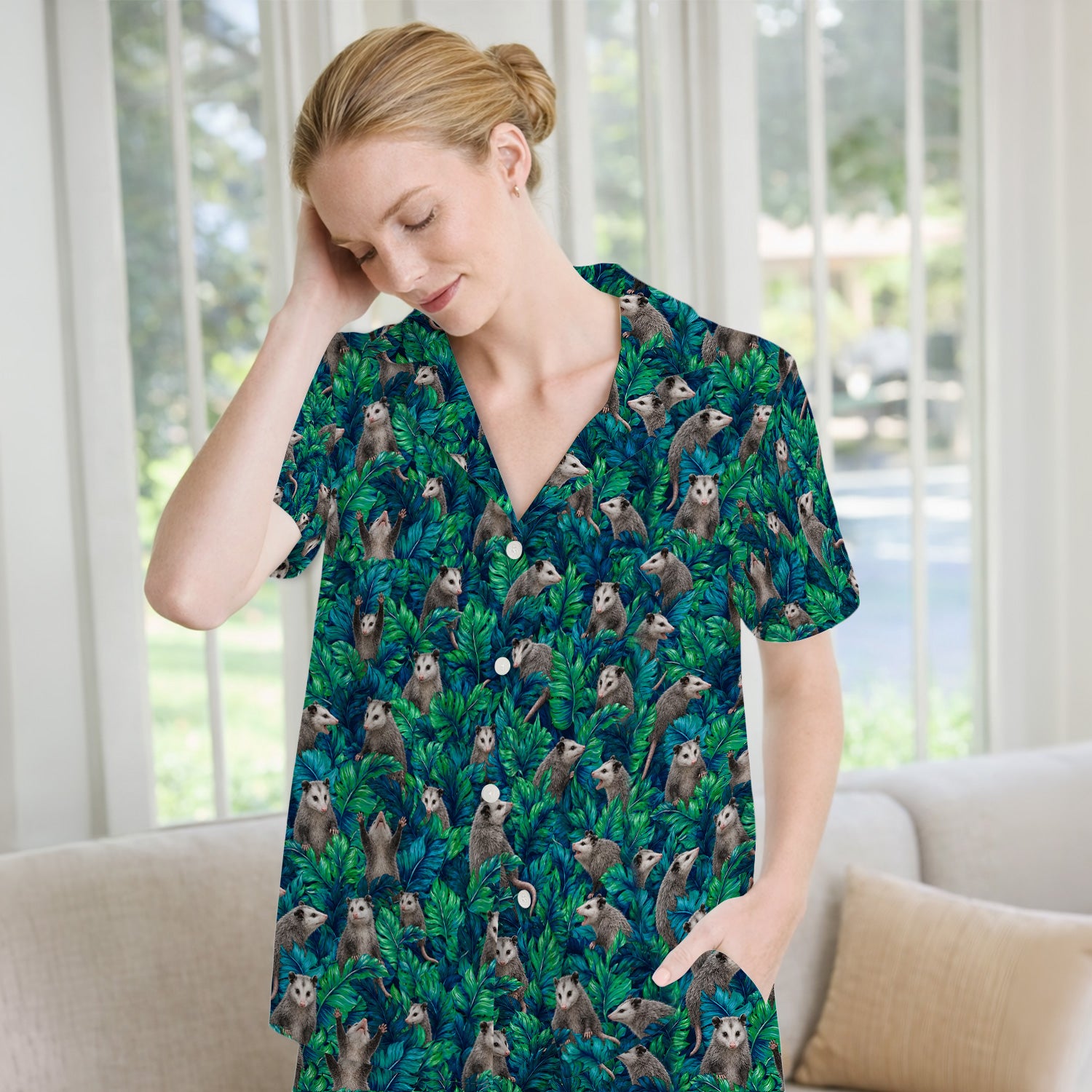 Tropical Opossum Jungle Leaves Pattern Pajama Set, Soft Breathable Fabric Comfortable Sleepwear