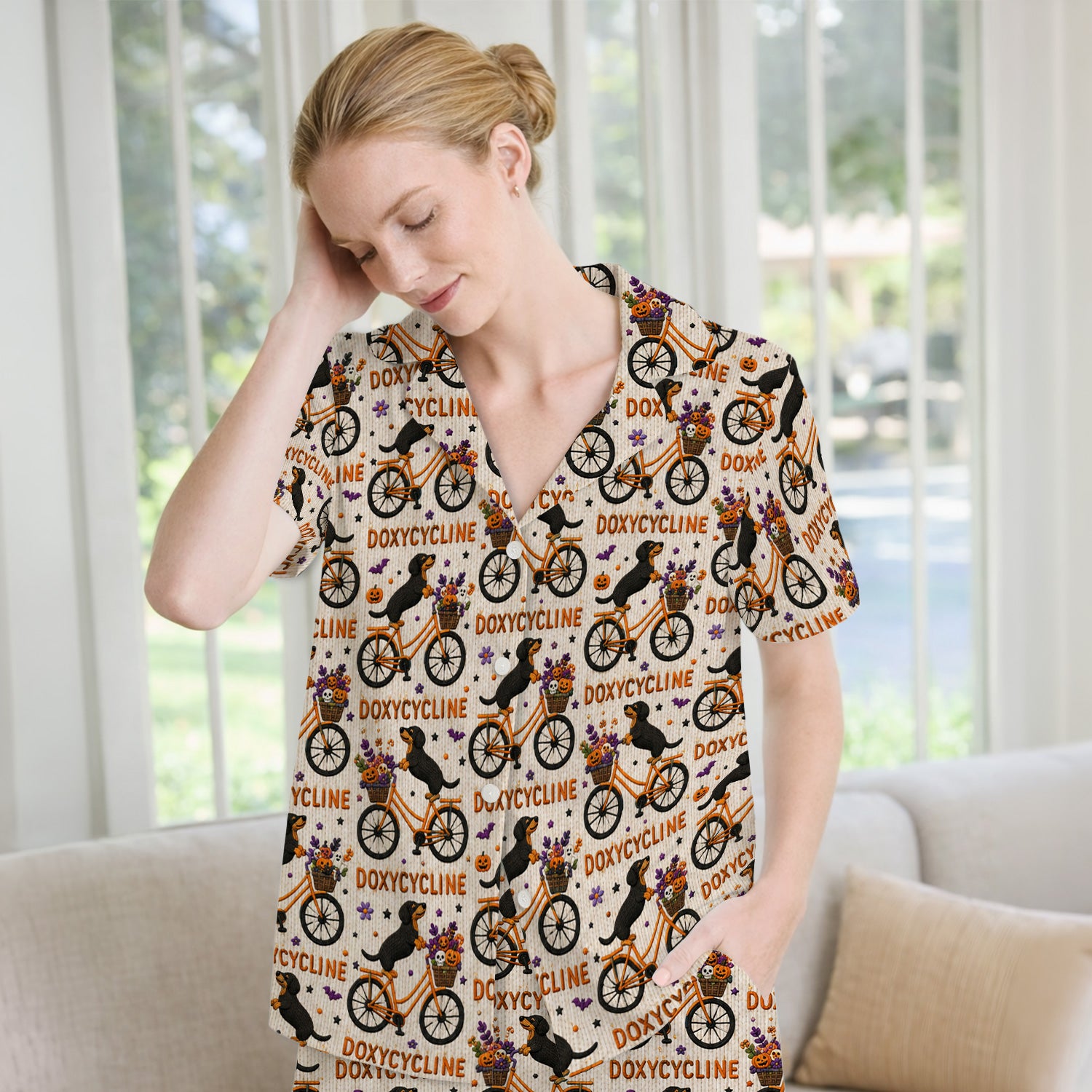 Halloween Dachshund with Doxycycline Bike Print Pajama Set, Soft Breathable Fabric Comfortable Sleepwear