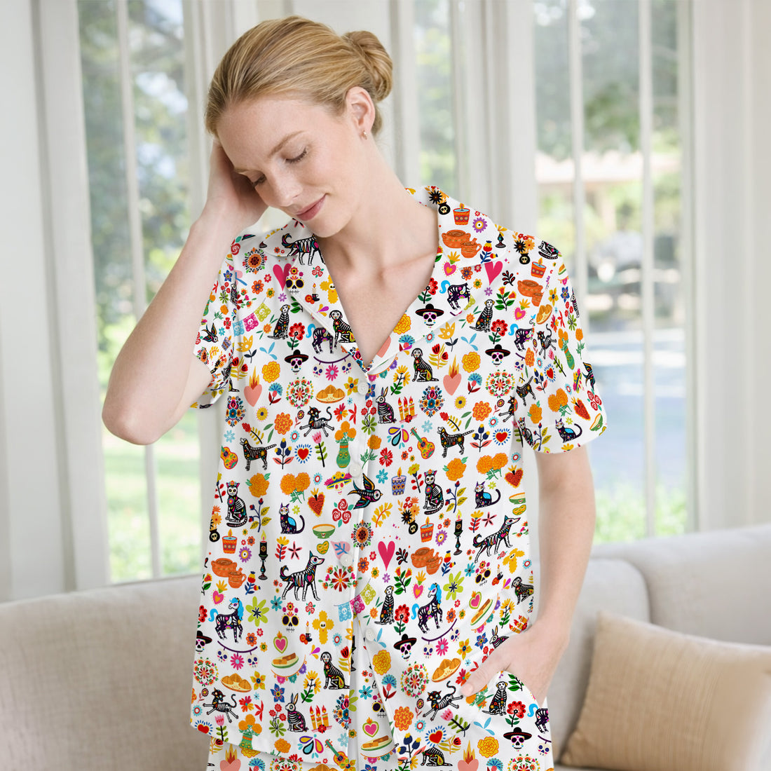 Day Of The Dead Sugar Skull Print Pajama Set, Soft Breathable Fabric Comfortable Sleepwear