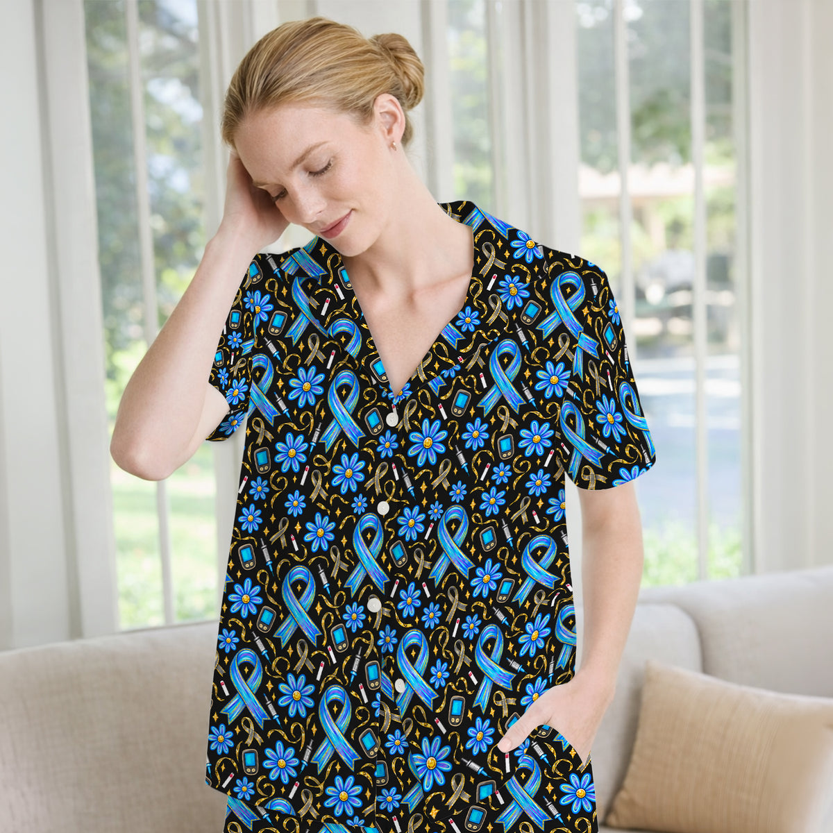 Diabetes Awareness Ribbon Pattern Pajama Set, Soft Breathable Fabric Comfortable Sleepwear