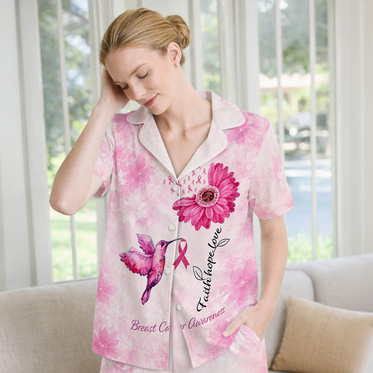 Breast Cancer Awareness Hummingbird Pattern Pajama Set, Soft Breathable Fabric Comfortable Sleepwear